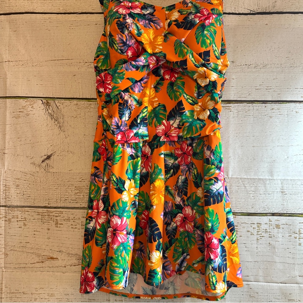BEACH SWIM DRESS BY DENIM & CO “Sweetheart Twist” Floral Orange SZ 16